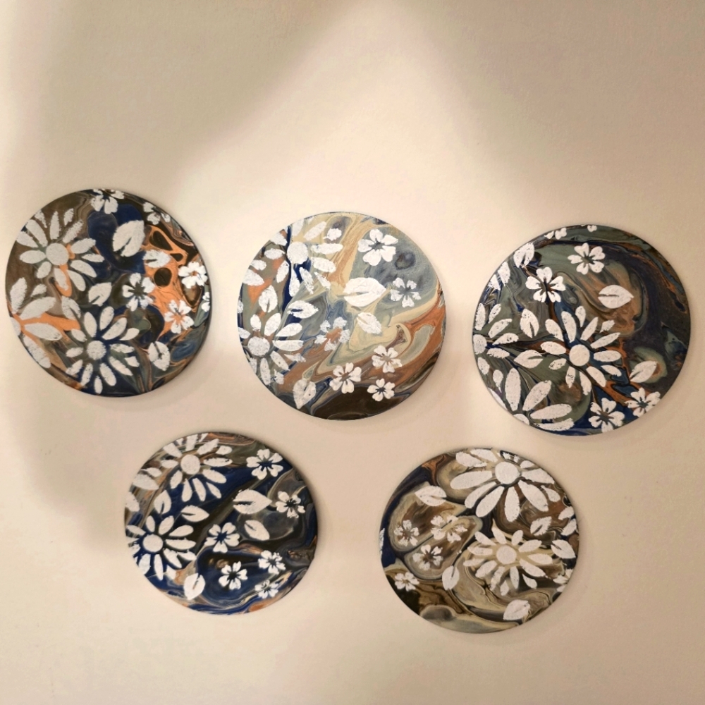 5 HANDCRAFTED Wood Floral Beach Coasters HANDMADE & HANDPAINTED Table Art Decor